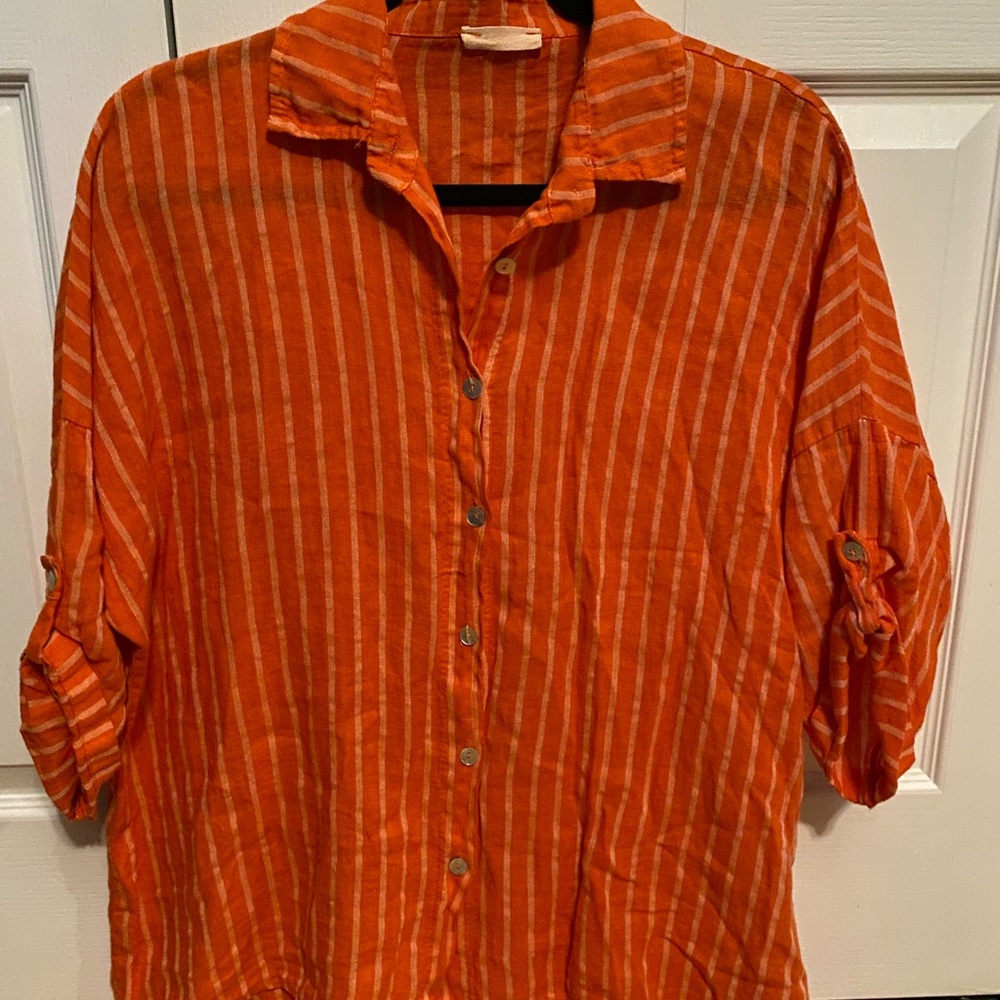 100% Linen Orange Striped Button-Up Shirt